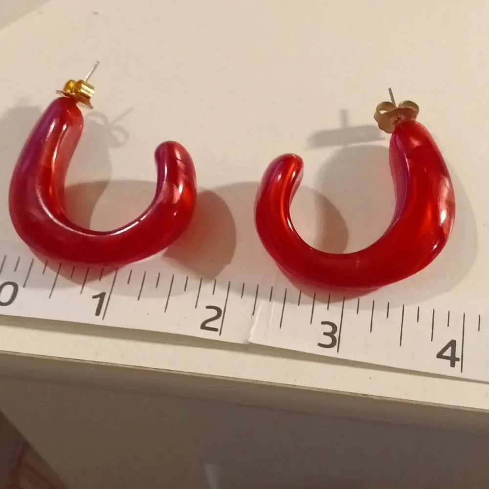 Vibrant Red Resin C Shape Hoop Post Earrings